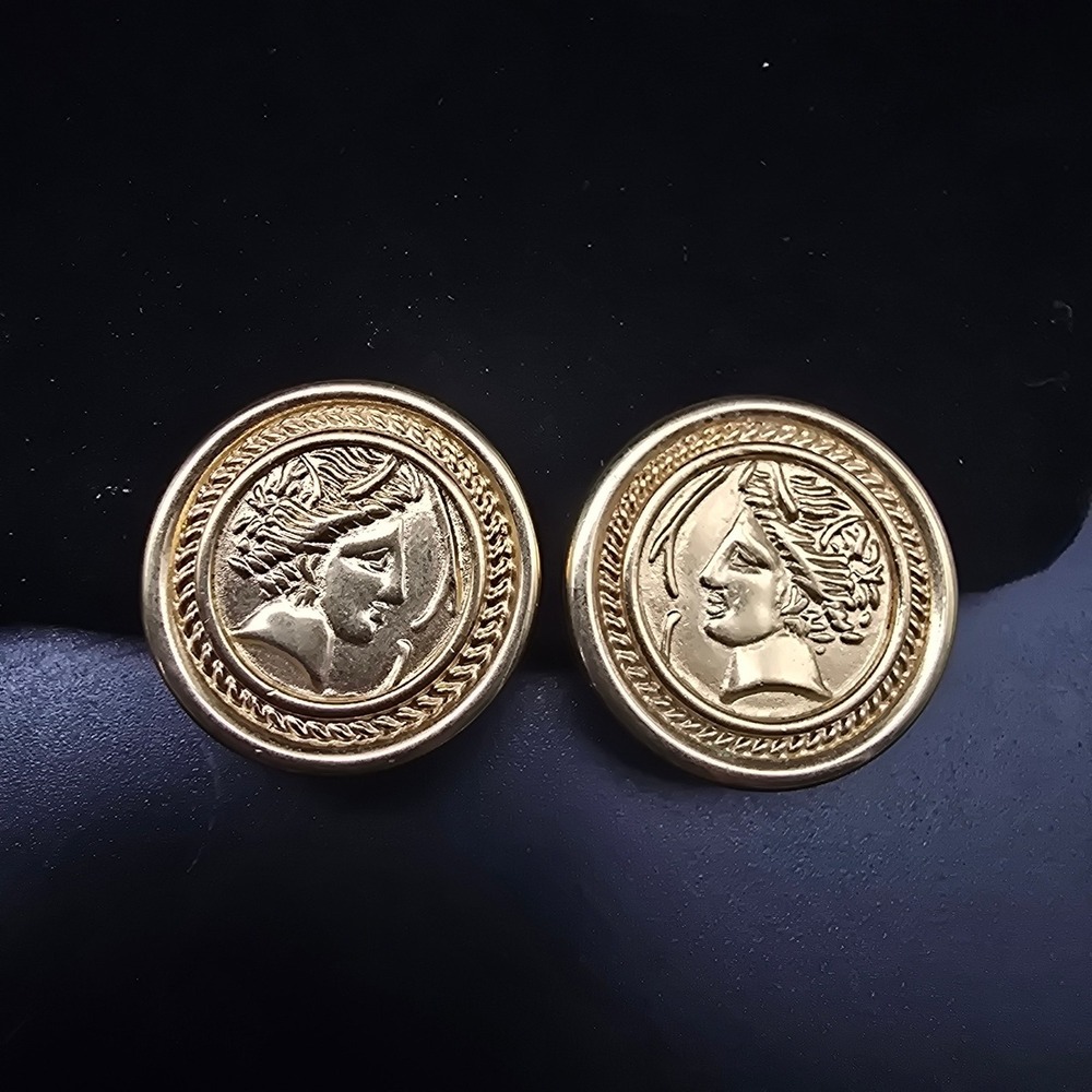 Monet Greek Roman Coin Clip On Earrings Vintage Costume Jewelry